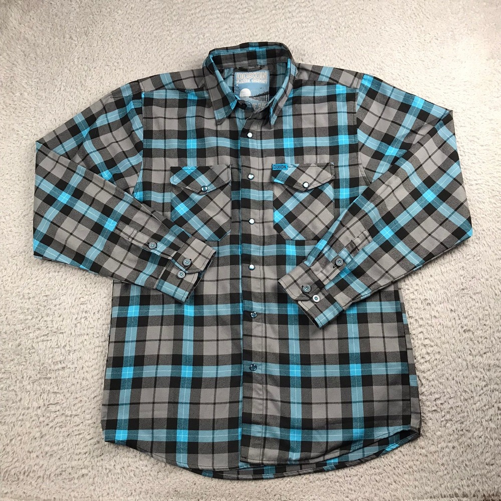 Dixxon Flannel Co OBCEAN Shirt Mens M Gray/Blue Plaid Peal Snap Long Sleeve
